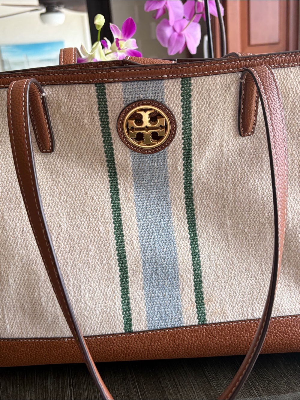 Tory Burch Designer Carson Cream Canvas & Brown Leather Stripe Tote.